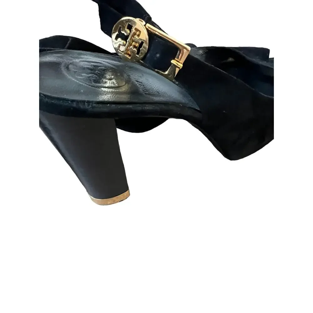 Tory Burch Black Gold Suede Slingback Block Platform Heels Size 9.5